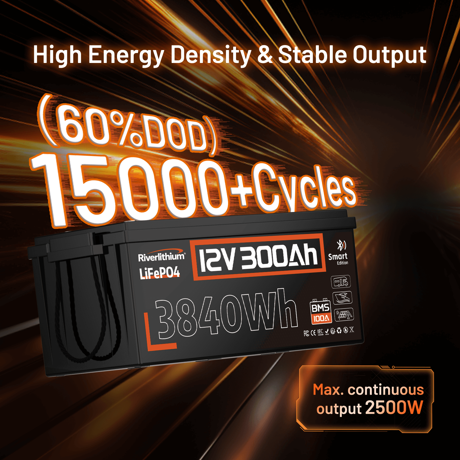Riverlithium 12V 300Ah Bluetooth LiFePO4 Battery 200A BMS 15000 Deep Cycles