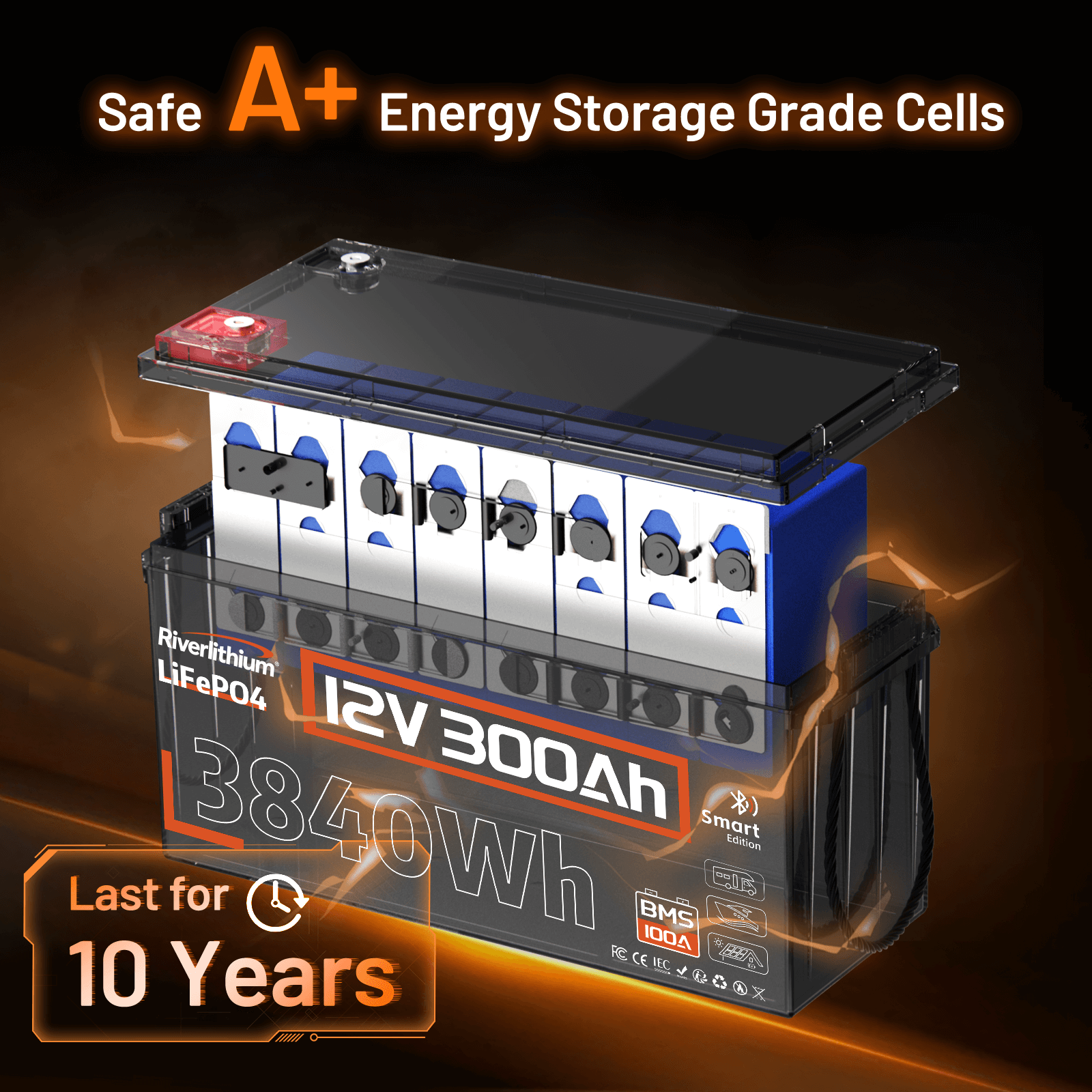 Riverlithium 12V 300Ah Bluetooth LiFePO4 Battery 200A BMS A Energy Storage Cells