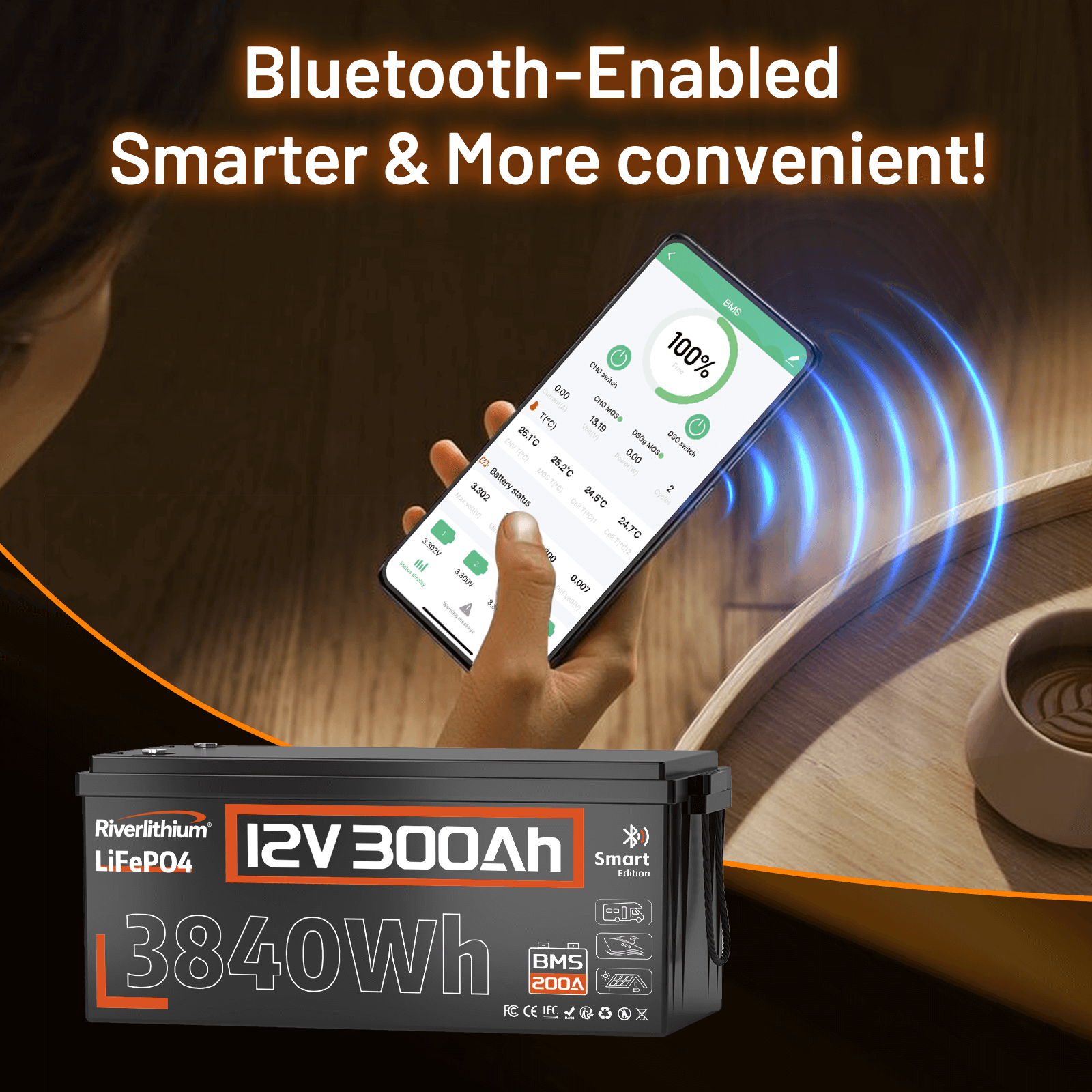 Riverlithium 12V 300Ah Bluetooth LiFePO4 Battery 200A BMS Bluetooth 5.0