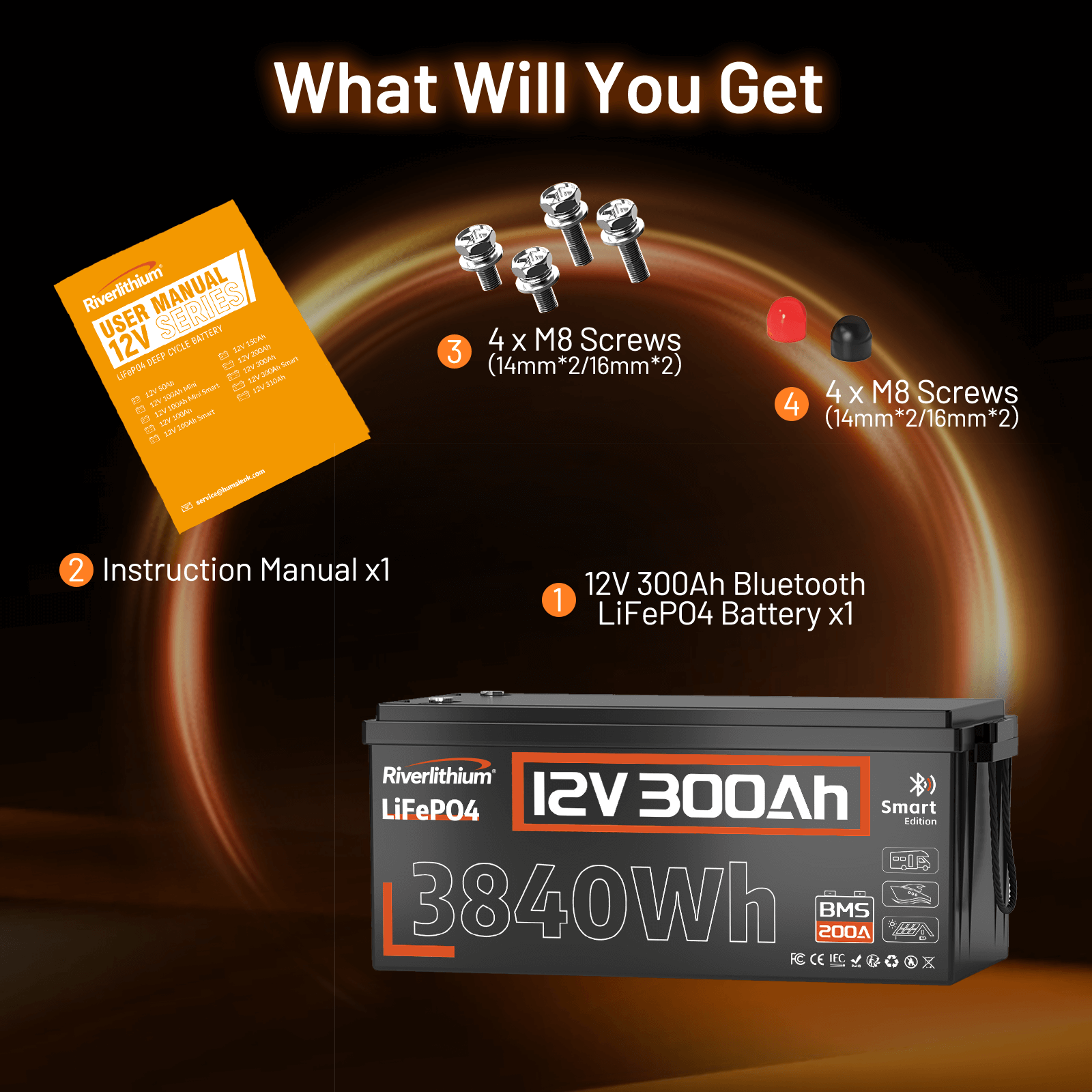 Riverlithium 12V 300Ah Bluetooth LiFePO4 Battery 200A BMS Packing List