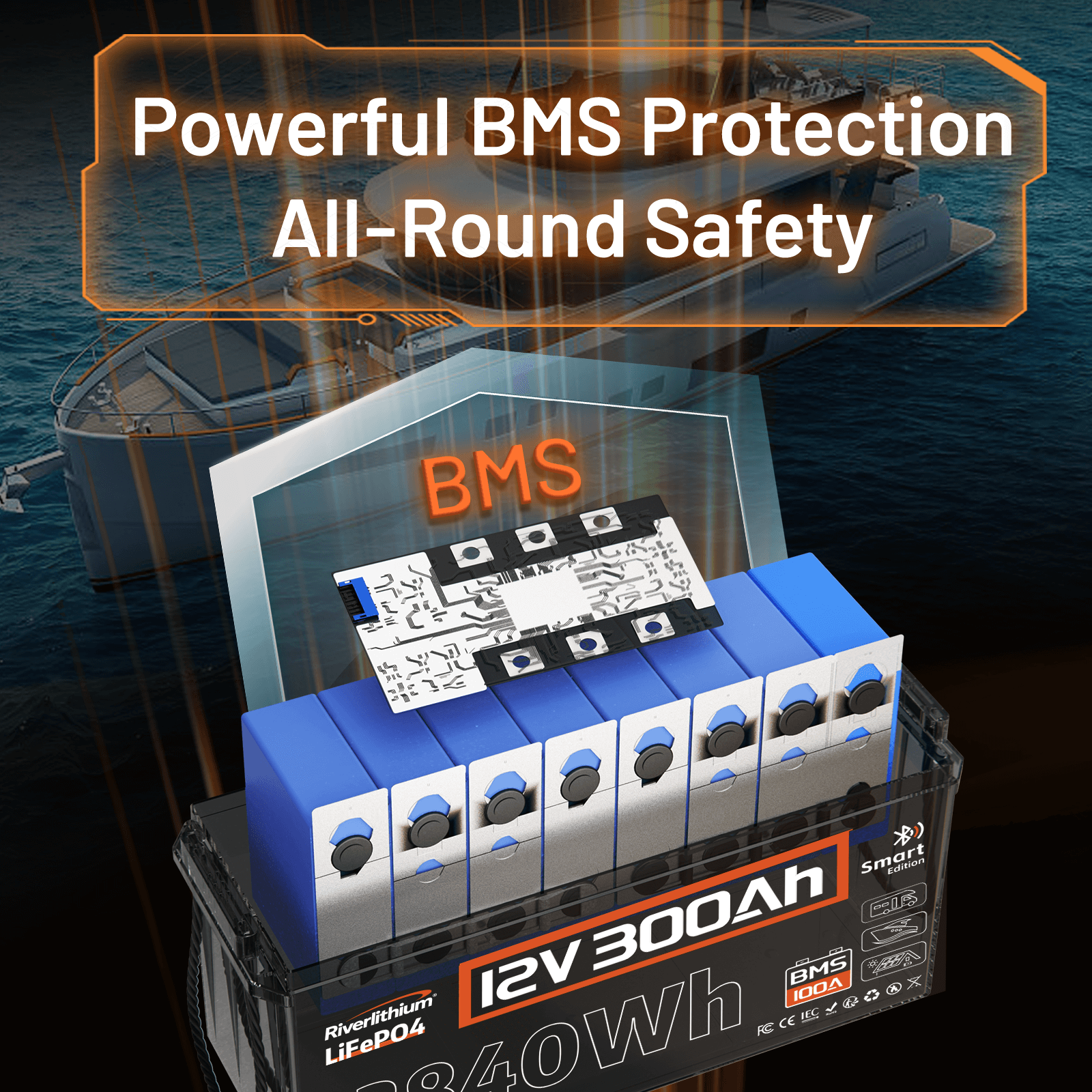 Riverlithium 12V 300Ah Bluetooth LiFePO4 Battery 200A BMS Powerful BMS Protection