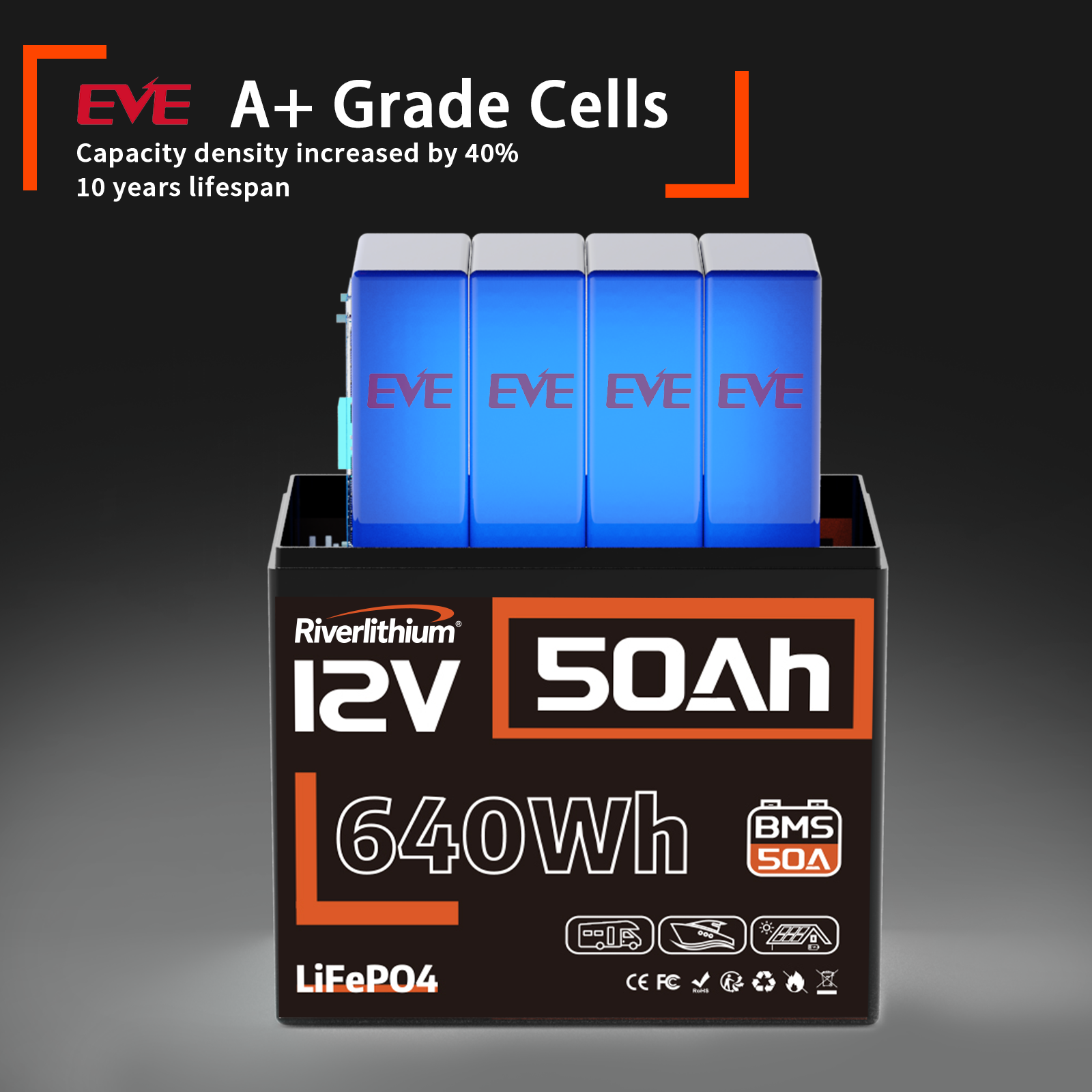 Riverlithium 12V 50Ah LiFePO4 Battery 50A BMS A Grade Cells