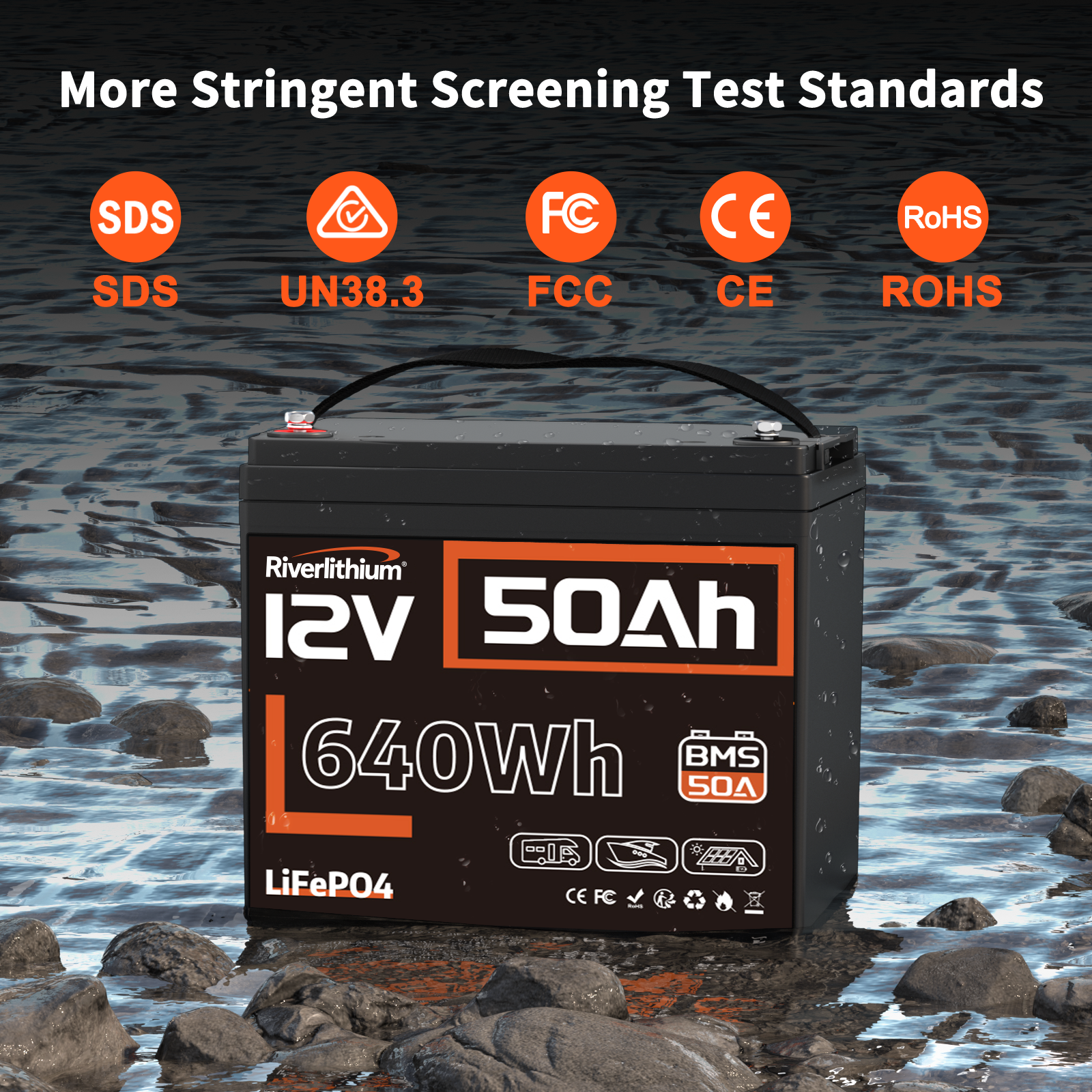 Riverlithium 12V 50Ah LiFePO4 Battery 50A BMS Certification