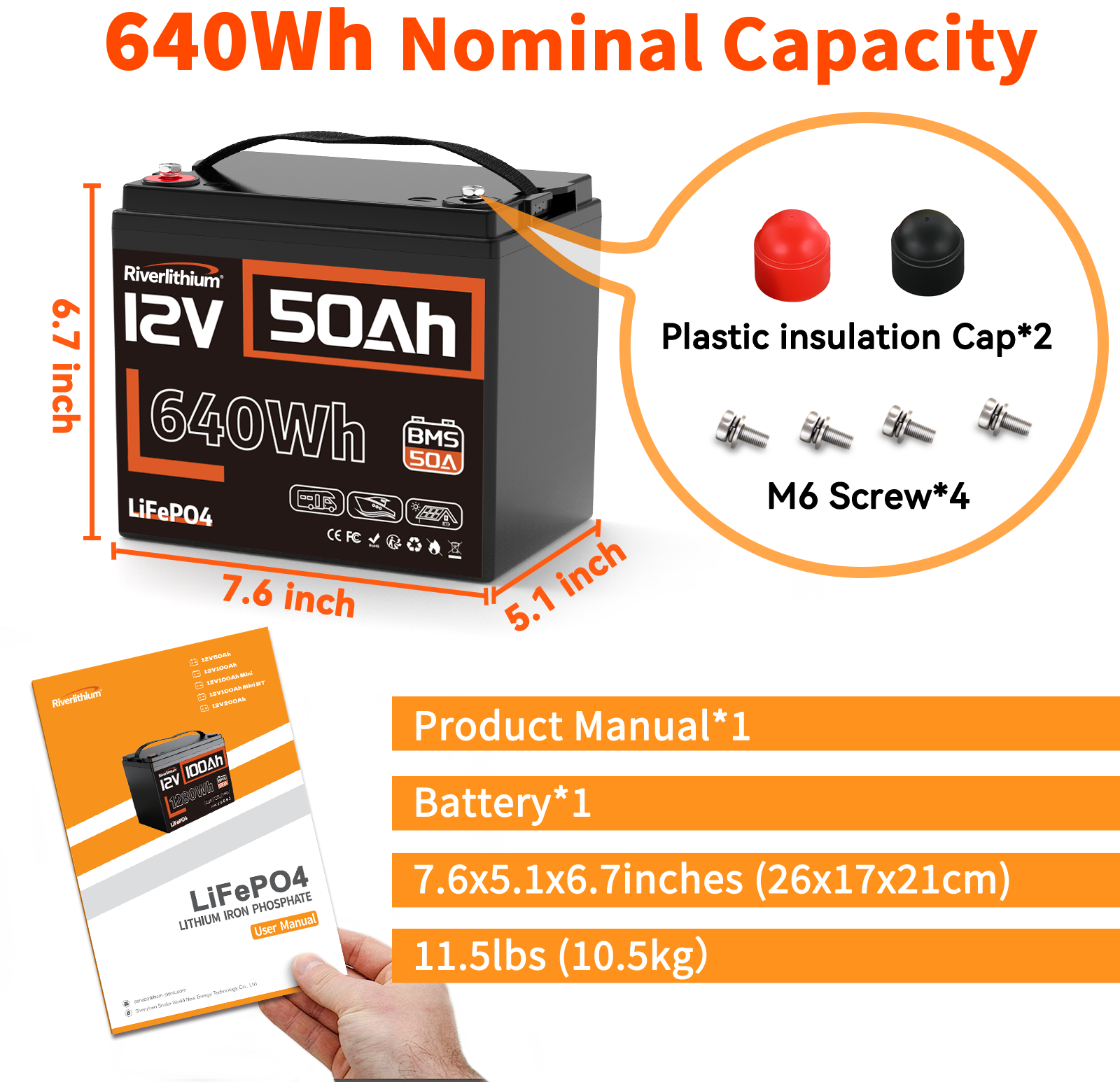 Riverlithium 12V 50Ah LiFePO4 Battery 50A BMS Packing list
