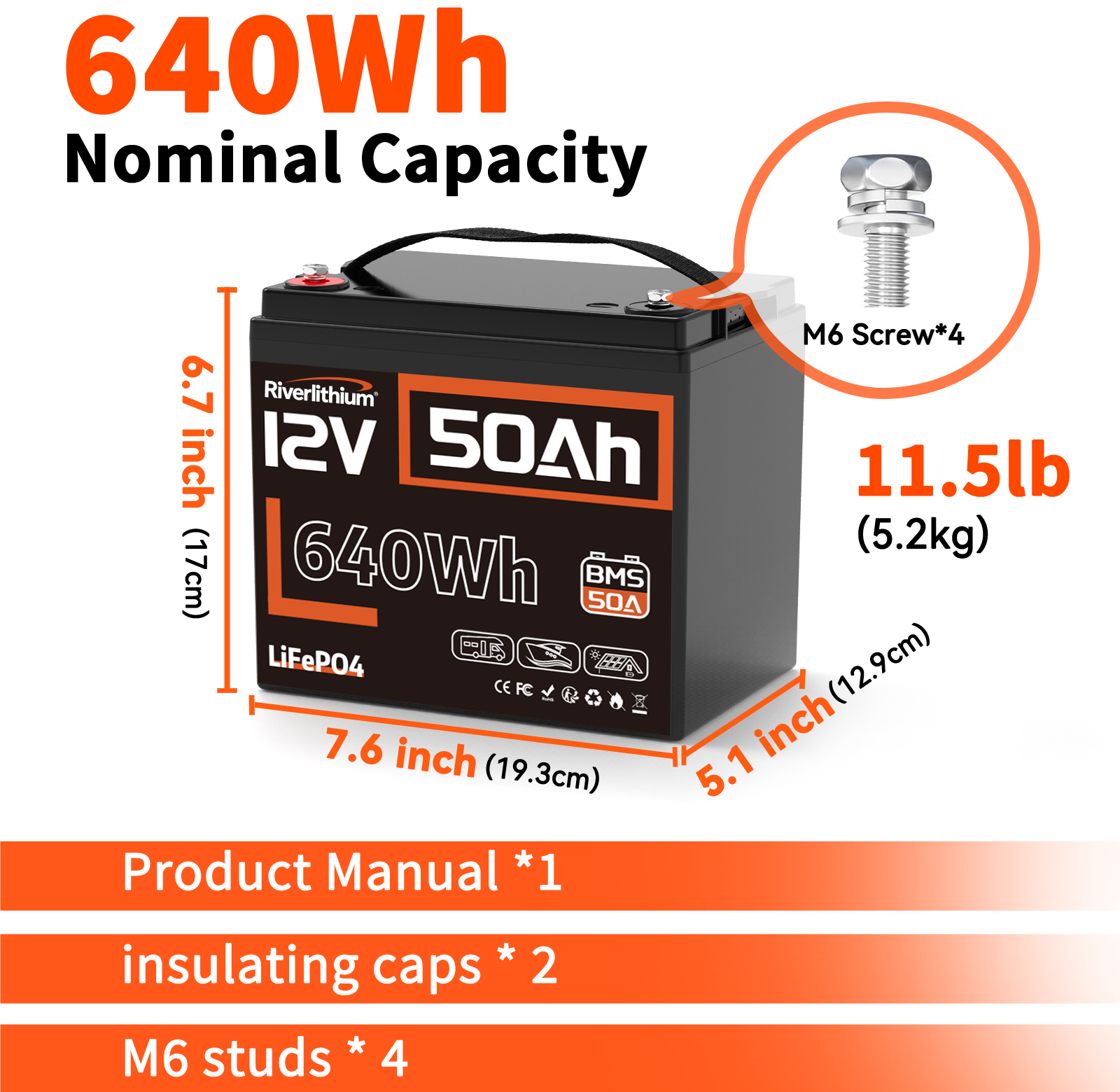 Riverlithium 12V 50Ah LiFePO4 Battery 50A BMS Size and Weight