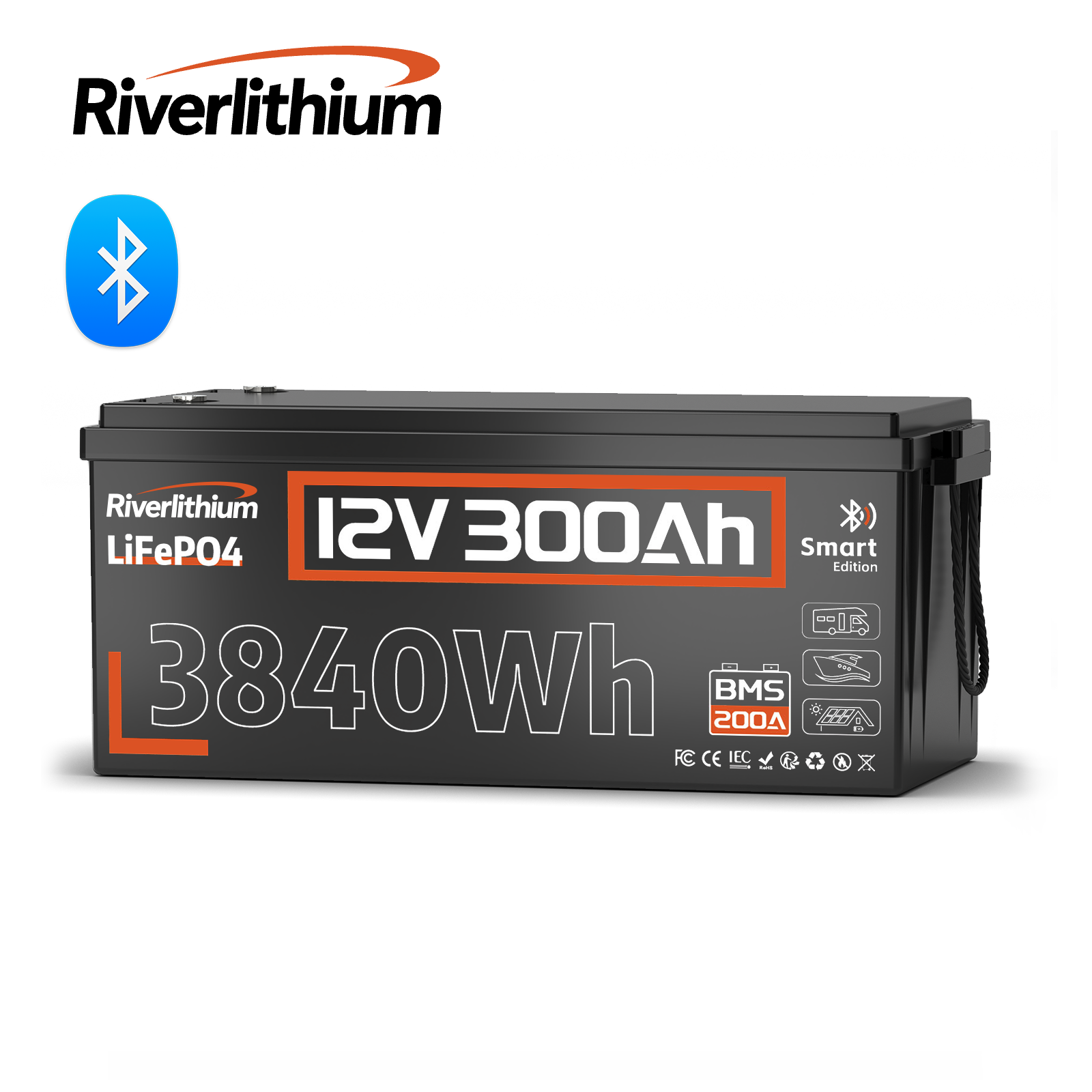Riverlithium 12V 300Ah LiFePO4 Battery (100A BMS & Bluetooth)