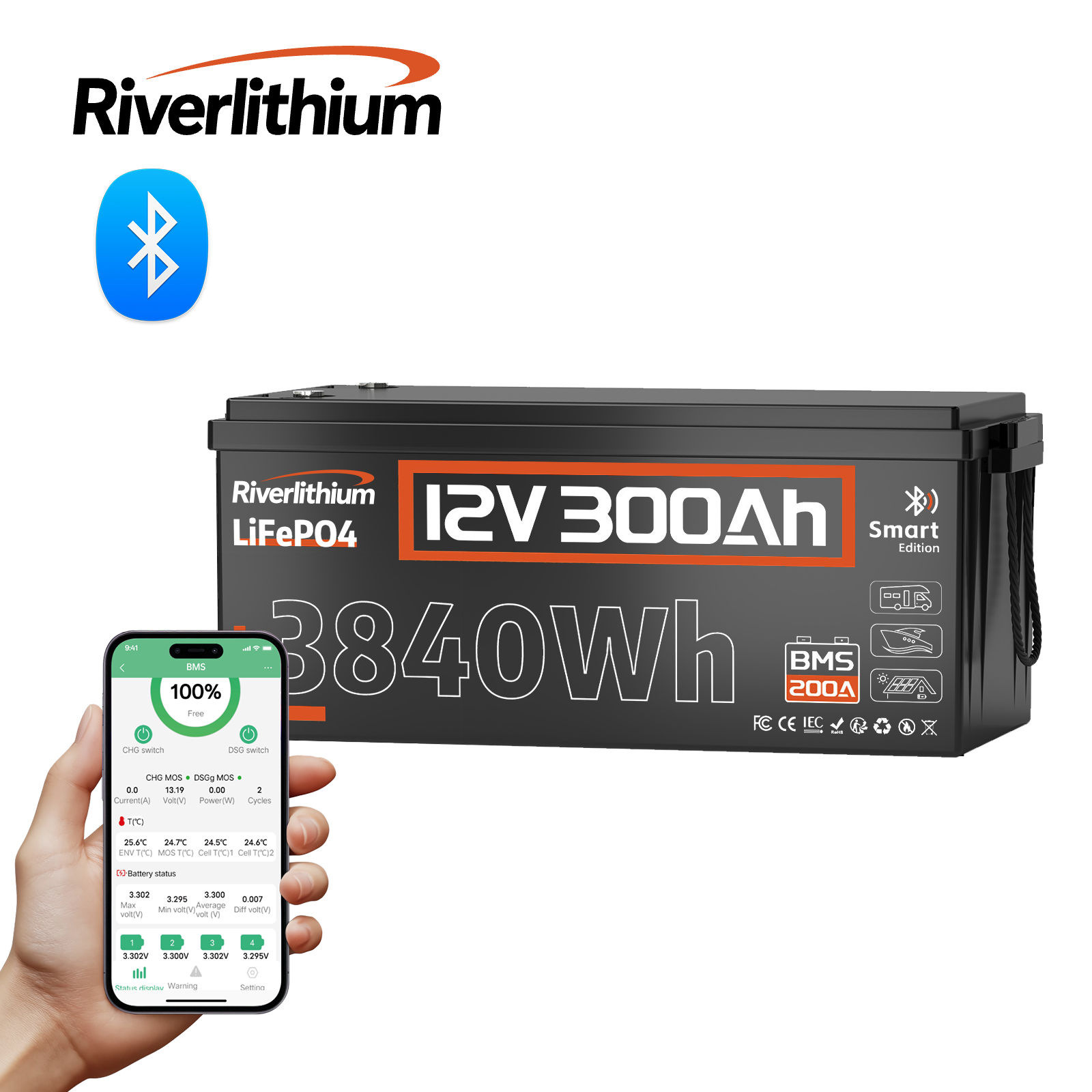 Riverlithium 12V 300Ah LiFePO4 Battery (100A BMS & Bluetooth)