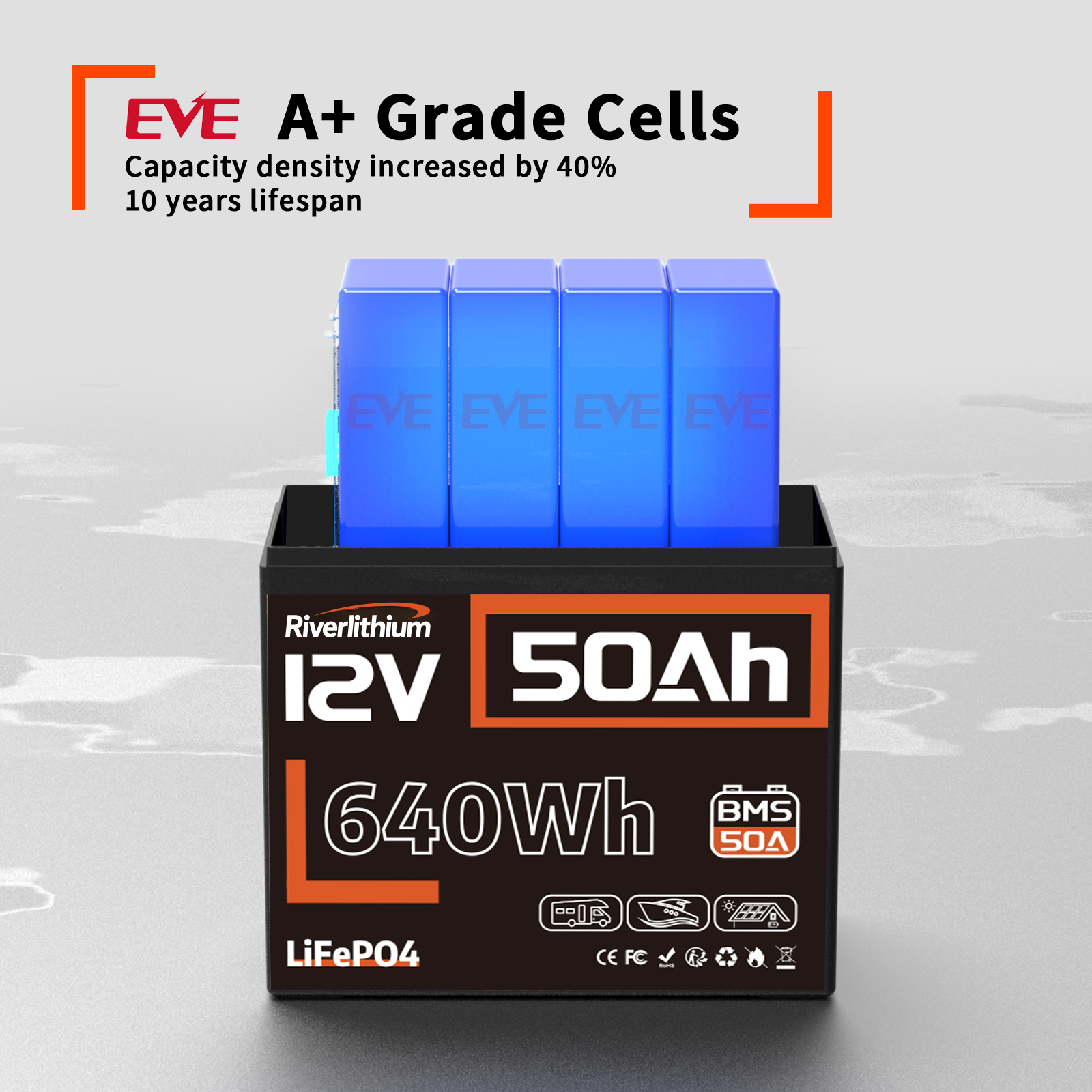 Riverlithium 12V 50Ah LiFePO4 Battery (50A BMS)