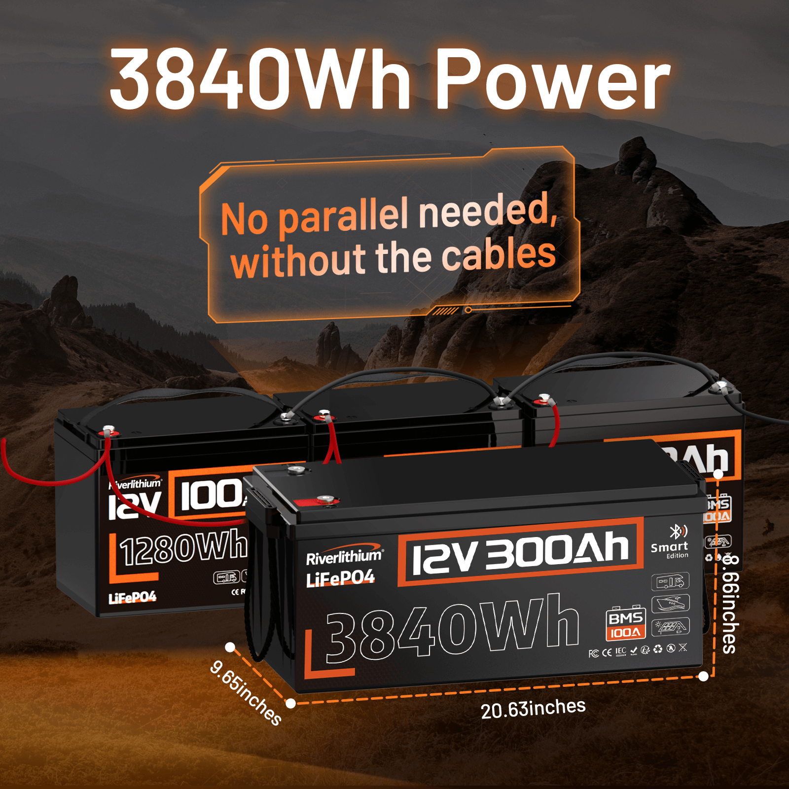 Riverlithium 12V 300Ah Bluetooth LiFePO4 Battery 200A BMS 3840Wh