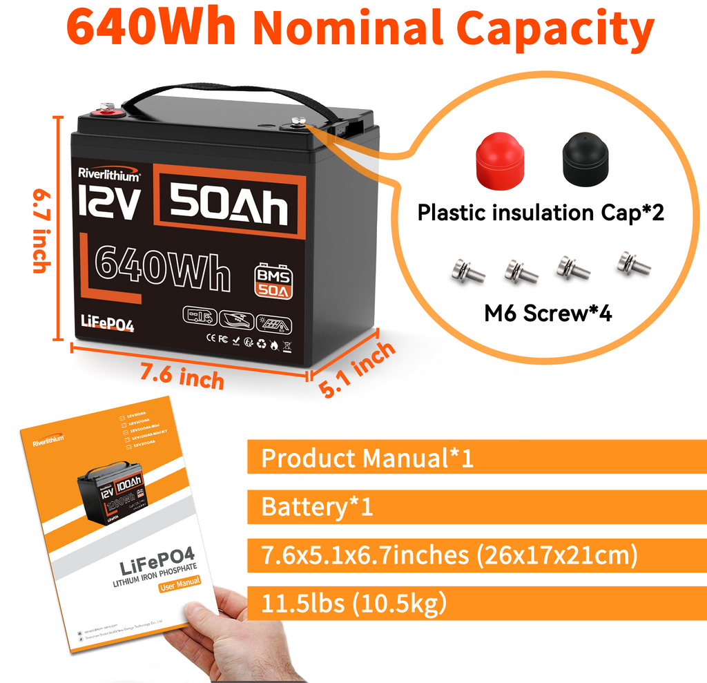 Riverlithium 12V 50Ah LiFePO4 Battery 50A BMS Packing list